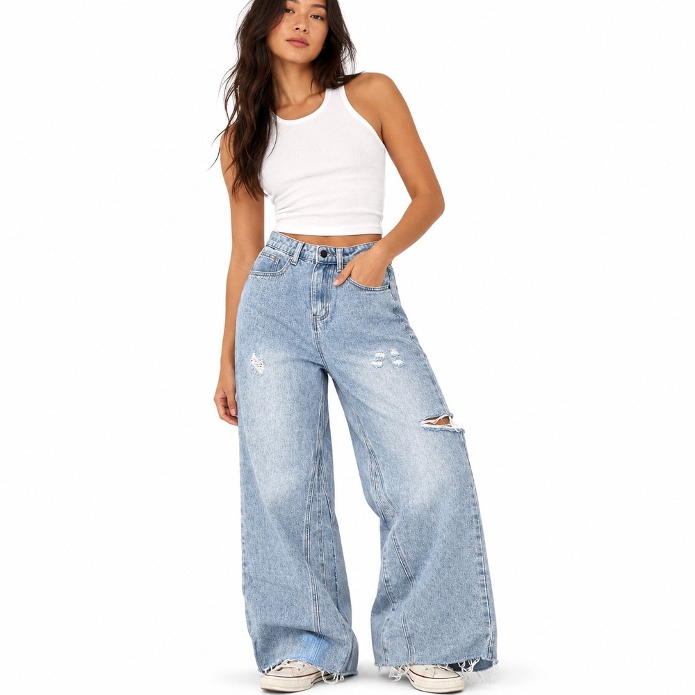 Miou Muse High Rise Raw Hem Crop Wide Leg Pant MMP623 Streetwear Y2K Womens S/26